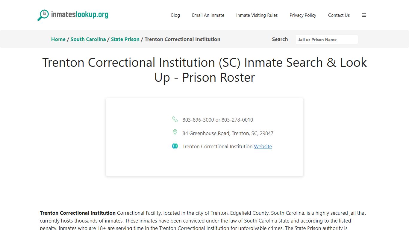 Trenton Correctional Institution (SC) Inmate Search & Look Up - Prison ...